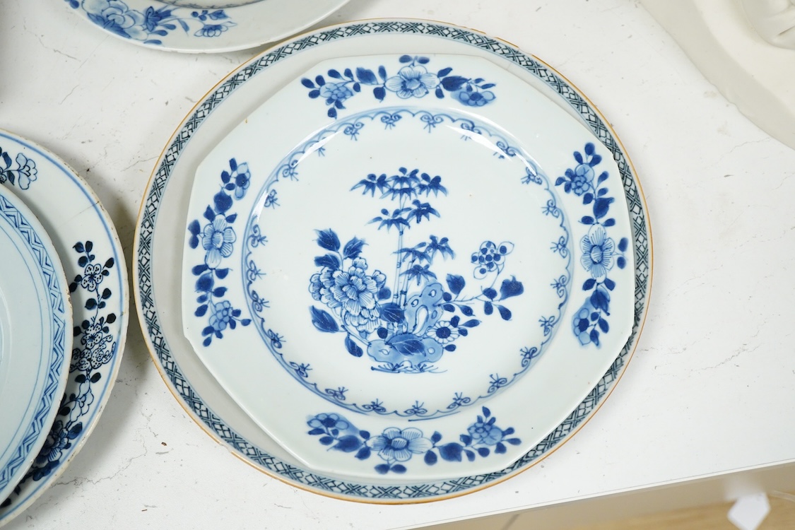 Four 18th century Chinese export blue and white dishes, four tea bowls and a Delft dish